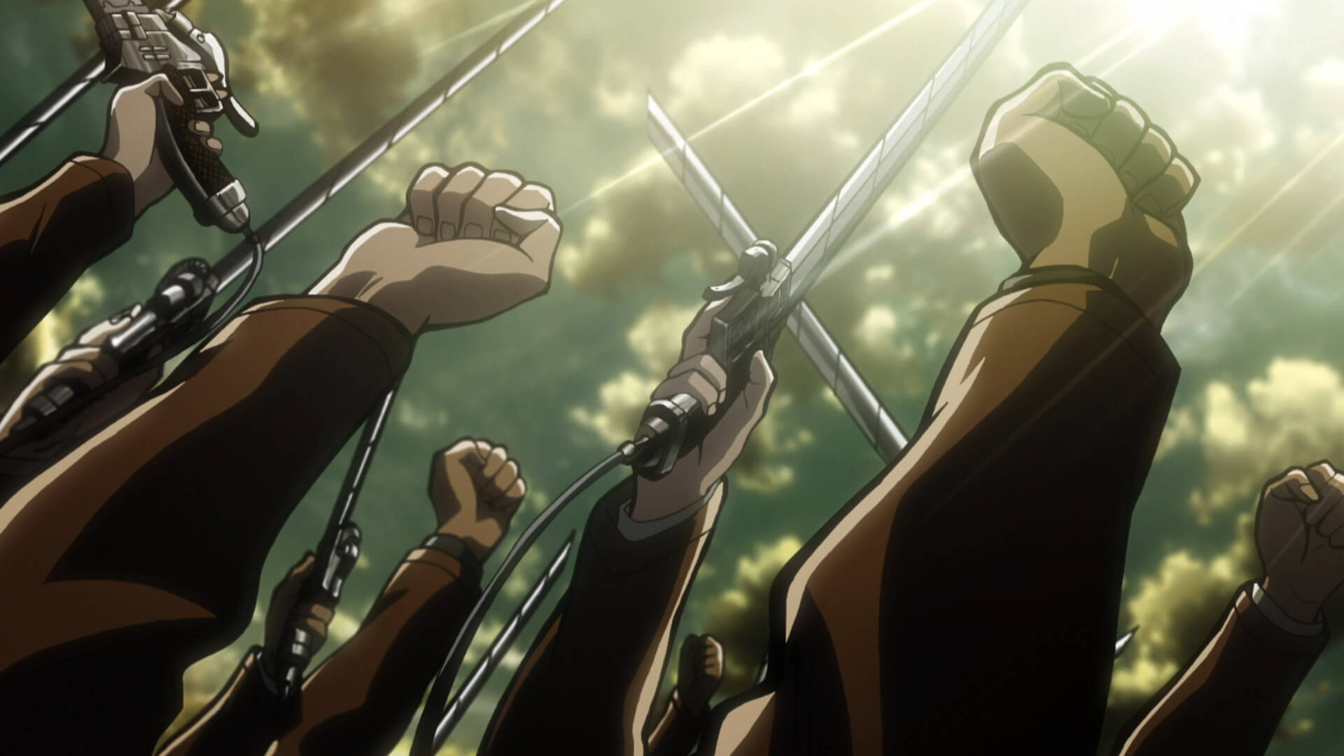 Members of the survey corp celebrating with their fists in the air.