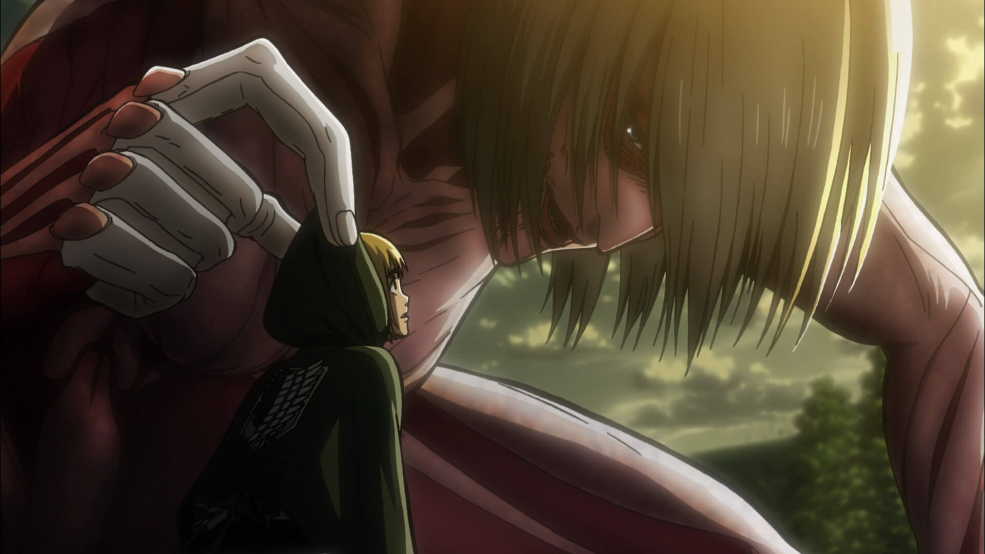 Armin Arlert in the grips of the female Titan.