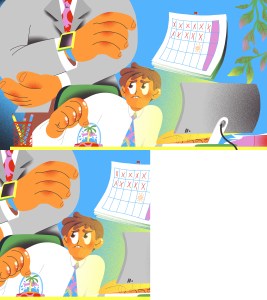 Person sitting at desk, dreaming of traveling to a tropical location, while boss looks on