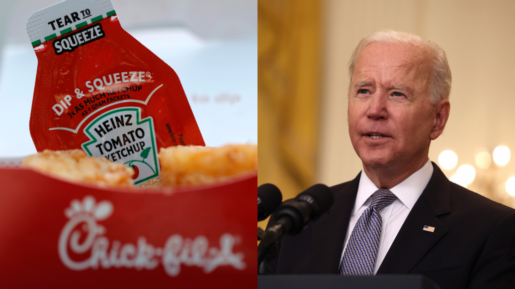 ​On the left, a packet of Heinz ketchup is displayed with Chick-fil-A hash browns on April 12, 2021 in Novato, California. On the right, President Joe Biden gives an update on his administration’s COVID-19 response and vaccination program on May 17, 2021