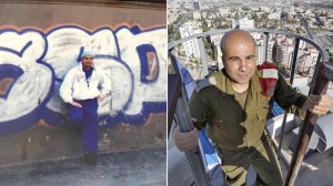 Collage aus zwei Bildern. Links: Ein junger Mann mit blauer Hose, weißer Jacke und blauer Mütze vor einer Mauer mit weiß-blauem Graffiti. Rechts: Ein Mann mit Glatze in Uniform über den Dächern einer Stadt. Früher war Arye Berliner Rapper, heute ist er Sp