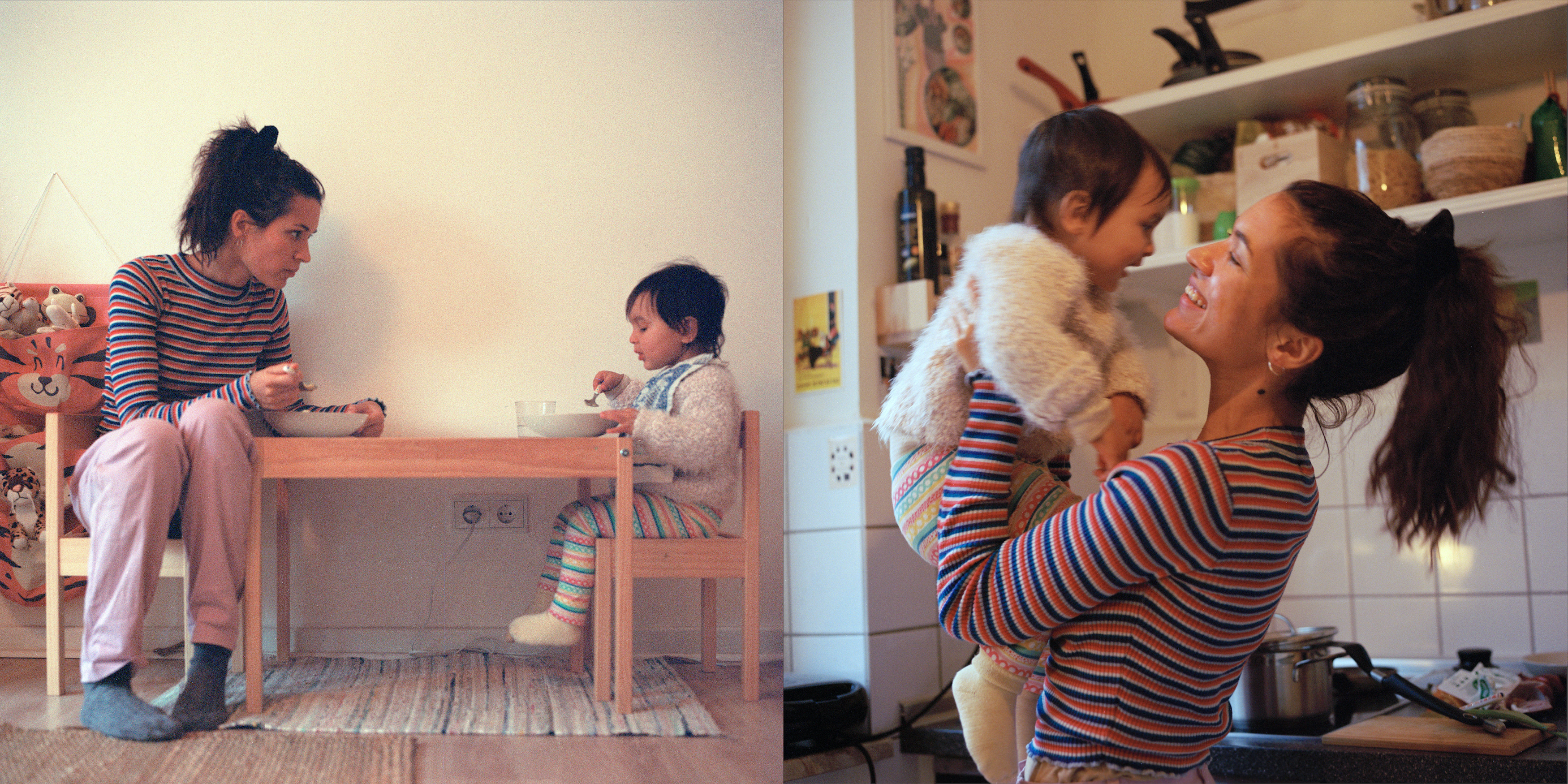 Lucia Jost, Motherhood – A Mother's Hood – Izquierda: mujer de cabello castaño sentada en una mesa para niños y fingiendo comer con su pequeña. Derecha: mujer sosteniendo a su hija y sonriendo.