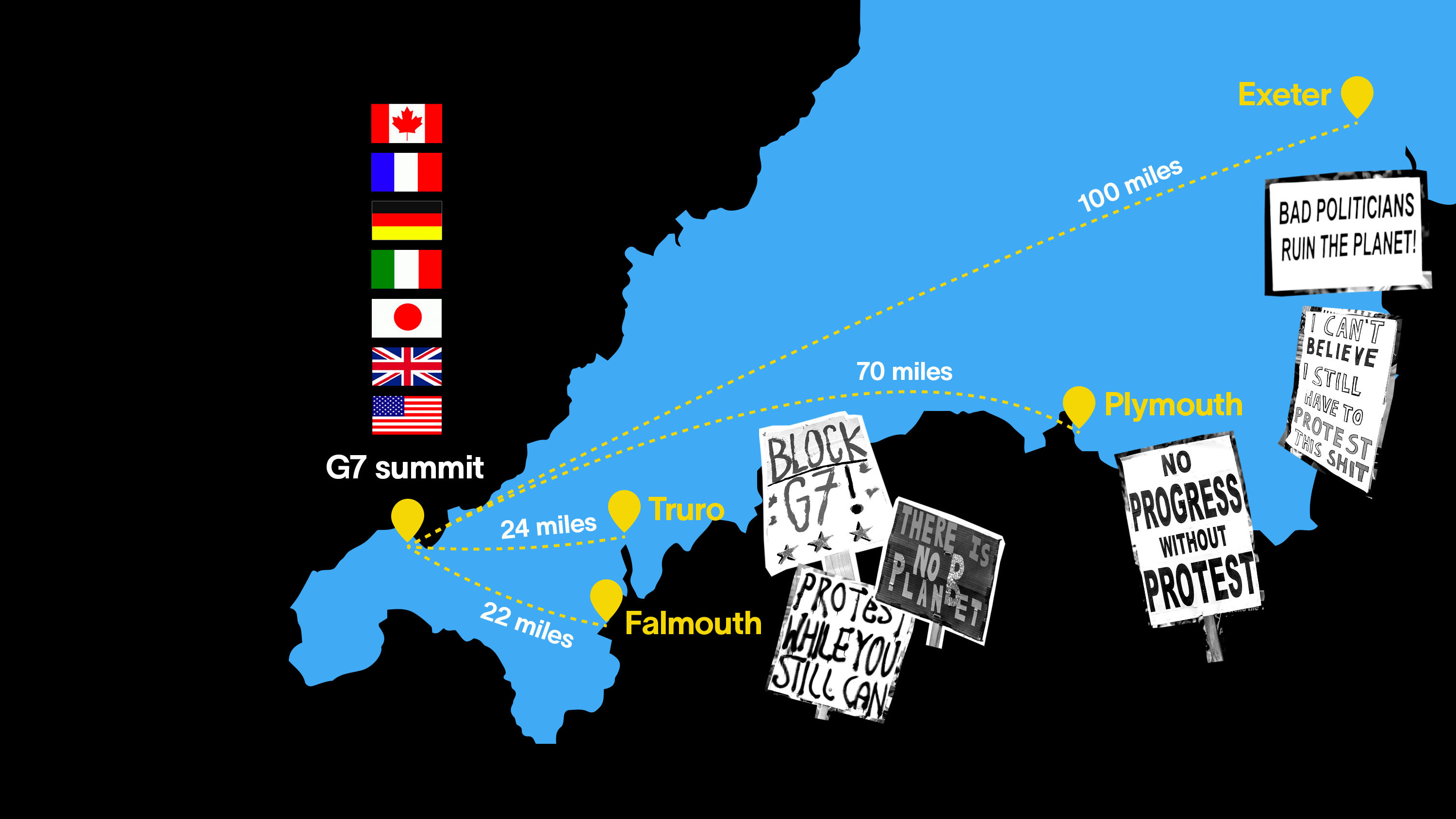 The location of the G7 summit and the officially designated protest sites, which activists say they will boycott. Image: VICE World News