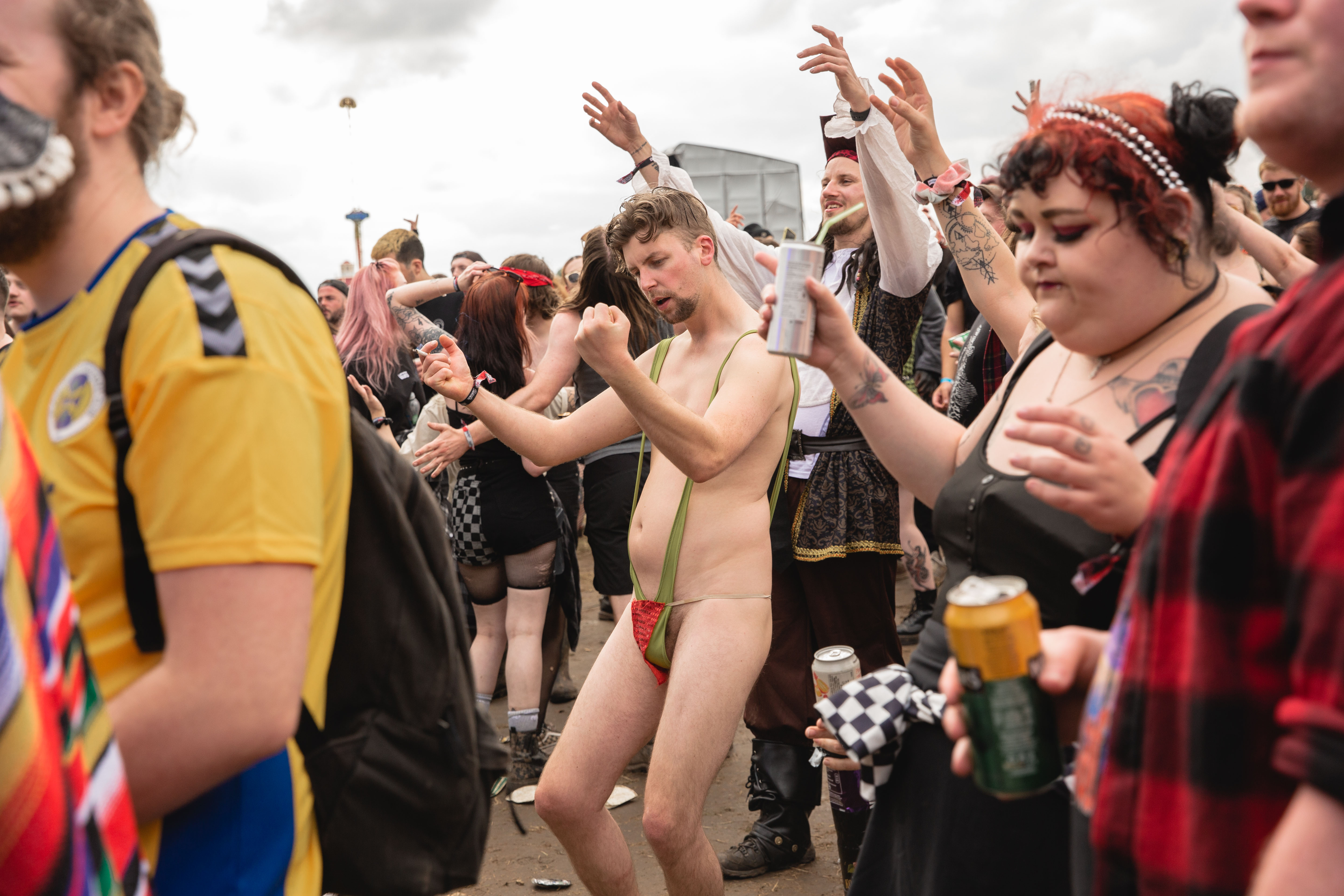 A Download festival attendee in a Borat thong.