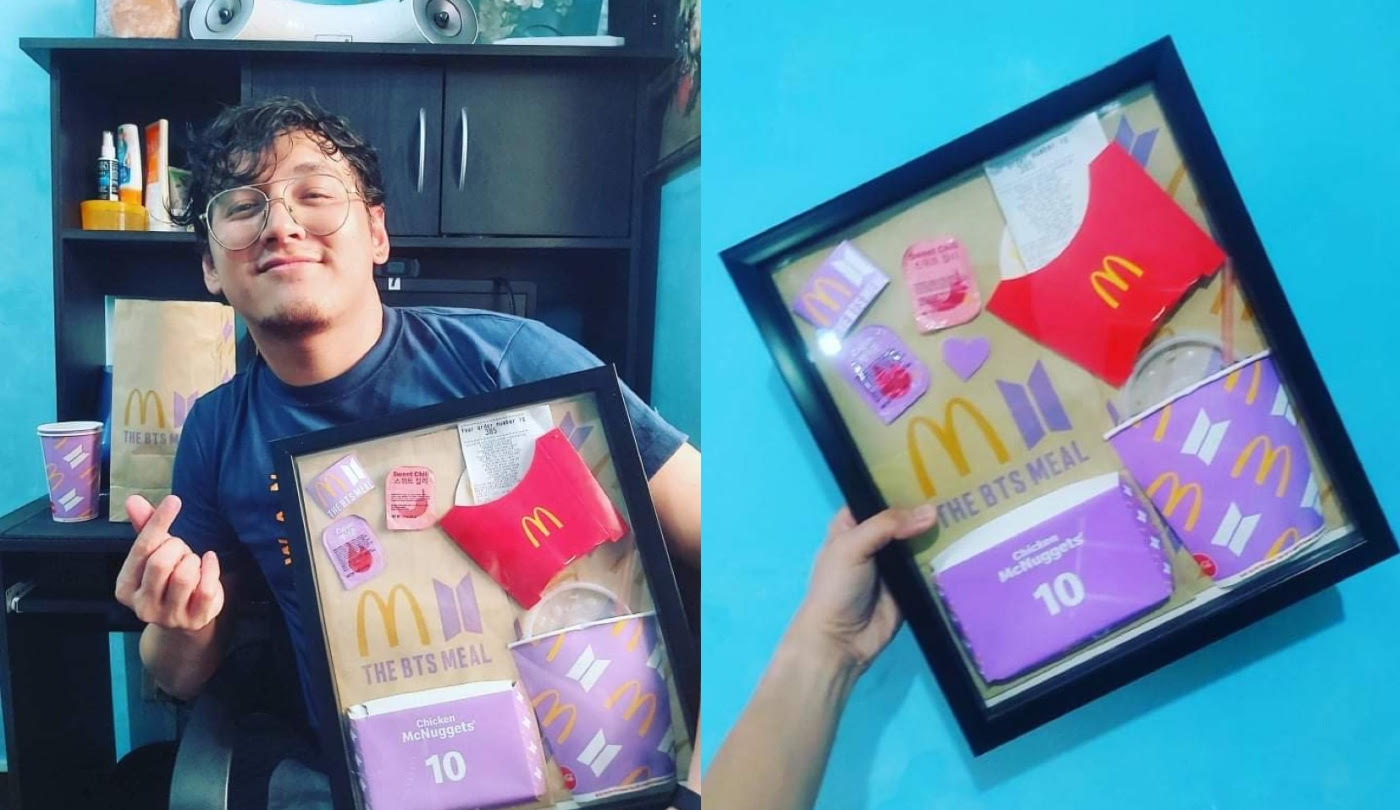 Frince Bryan Rivera preserved items from The BTS Meal in a photo frame. Collage: VICE / Photos: Courtesy of Frince Bryan Rivera