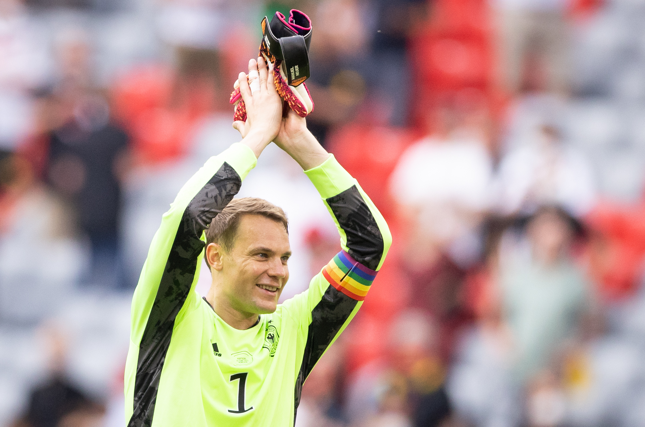 Manuel Neuer wearing a rainbow coloured armband after Germany's Euro 2020 match against Portugal. Photo: Christian Charisius/picture alliance via Getty Images