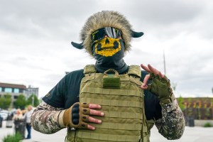 A Proud Boy provides security at a 2nd Amendment rally on May 1, 2021 in Salem, Oregon. (Photo by Nathan Howard/Getty Images)