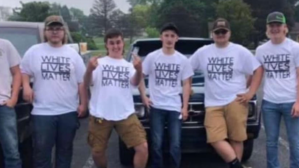 ​A screenshot of a Snapchat allegedly showing students at Montgomery Area High School in Montgomery, Pennsylvania, wearing White Lives Matter T-shirts on the last day of school.