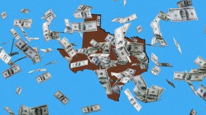 A photo collage showing the state of Texas against a blue background, with dollar bills falling from the sky