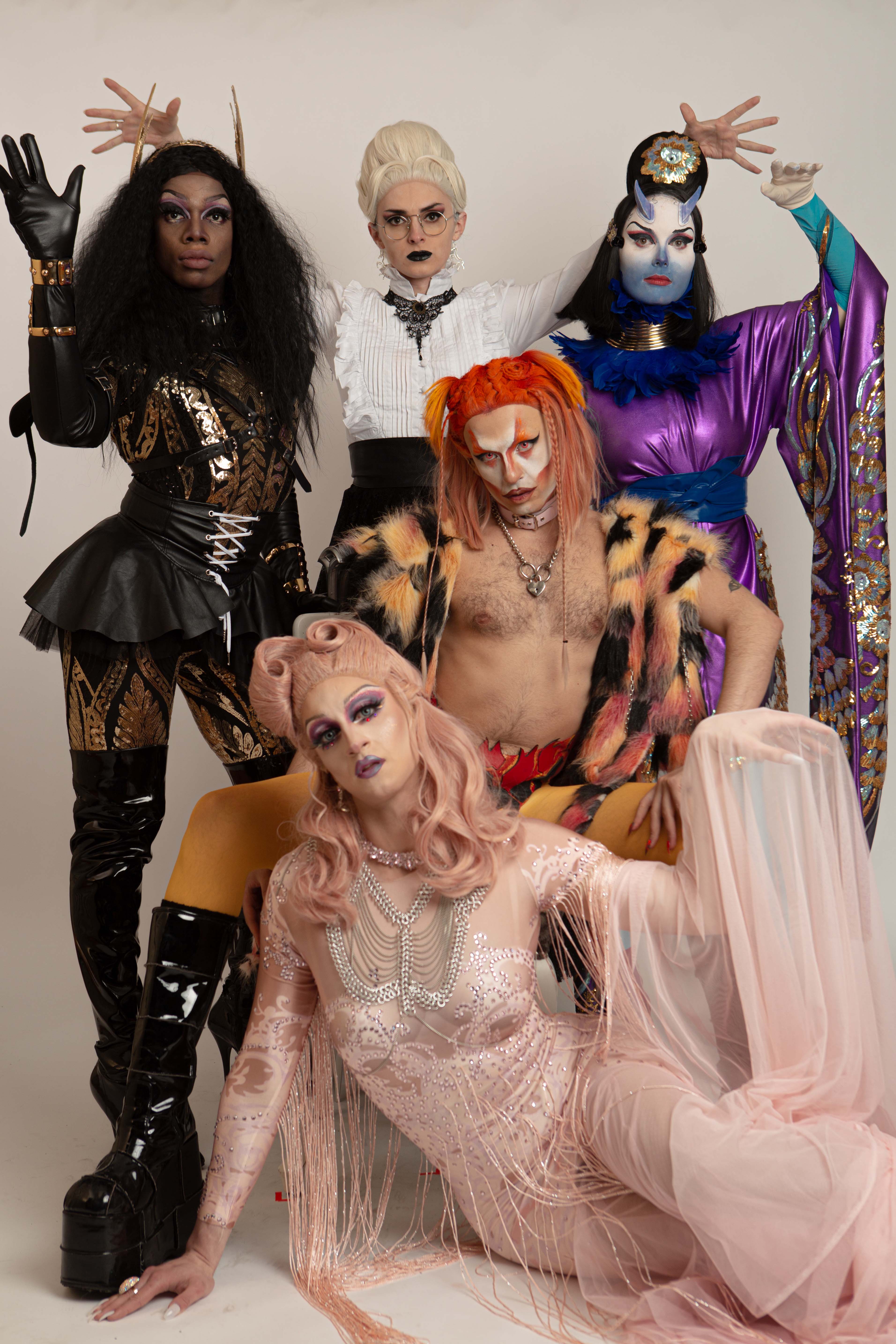 Queer Arcana – Miss Vanity Love, Sasa Hara, Jessie Depressie, Iris de Grauw and John Togba posing all together.