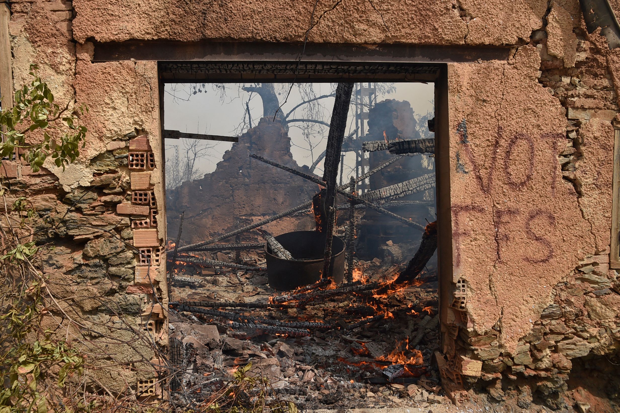 A house burns during a wildfire in Tizi Ouzou. Photo: RYAD KRAMDI/AFP via Getty Images