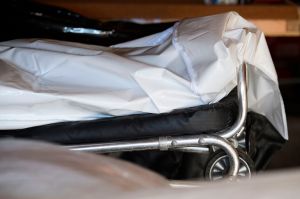 An embalmed body, right, rests in a body bag on January 14, 2021 in Los Angeles, California.