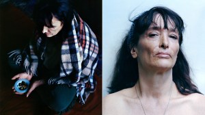 Two photographs of a dark haired woman. On the left she is sat draped in a tartan shawl, on the right she is show looking at the camera straight on.