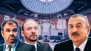 Die Köpfe von Florian Hahn, Marco Wanderwitz und Ilham Aliyev vor einem Bild aus dem Innern des Deutschen Bundestags, die Politiker sind in die Aserbaidschan-Affäre verwickelt