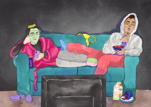 Illustration of two people on the sofa watching TV