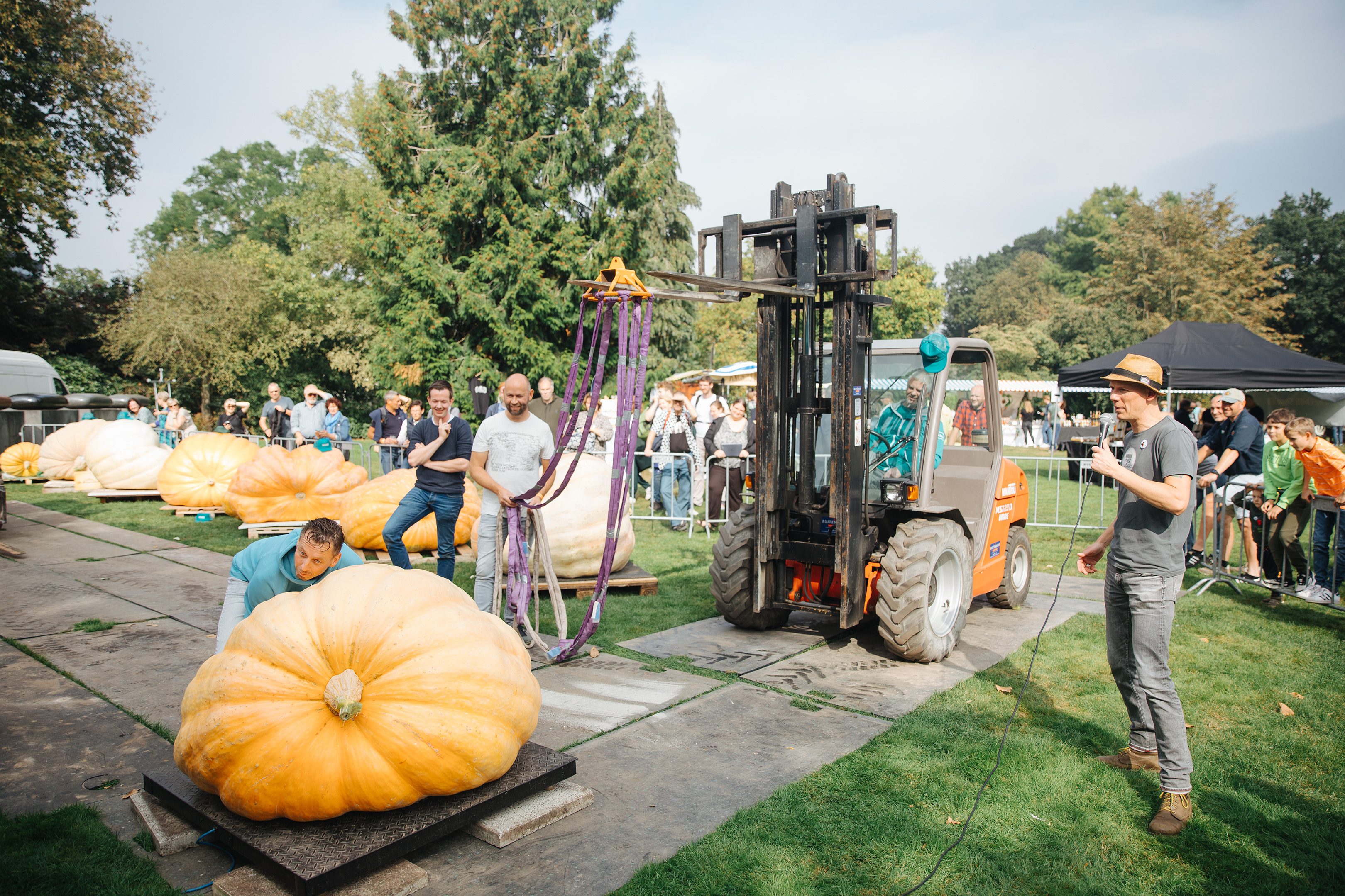 Raymond van Mil, Netherlands, pumpkins - a group of men stood around a fork lift truck looking at an oversized pumpkin.