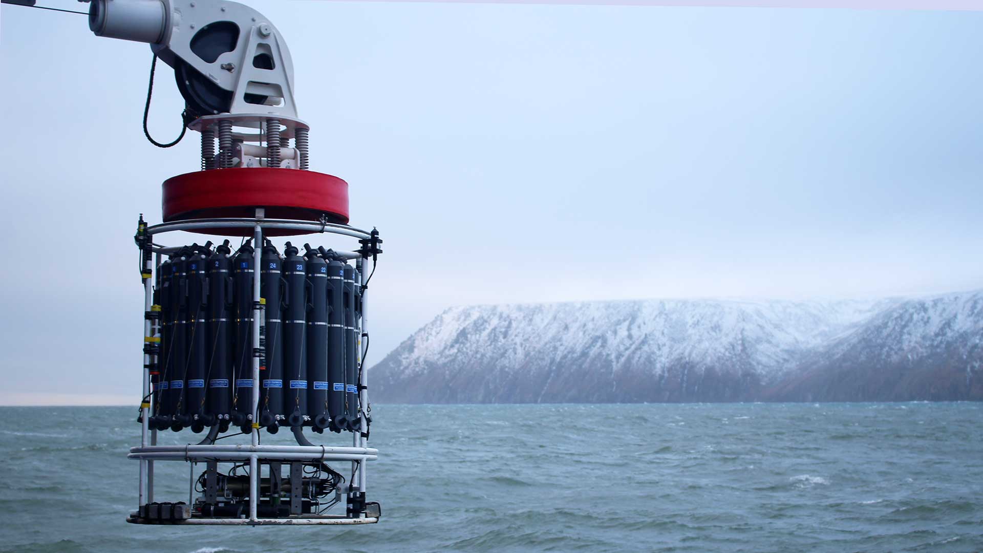 A water sampler deployed from the research vessel Sikuliaq during Anderson's 2020 expedition to the Arctic.