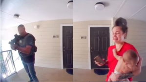 ​Screenshot of Kada Staples' TikTok video showing U.S. Marshals outside her apartment door via her Ring doorbell camera.