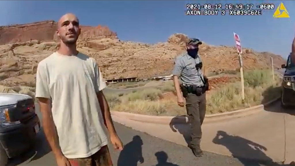 This police camera video provided by The Moab Police Department shows Brian Laundrie talking to a police officer after police pulled over the van he was traveling in with his girlfriend, Gabrielle “Gabby” Petito, near the entrance to Arches National Park