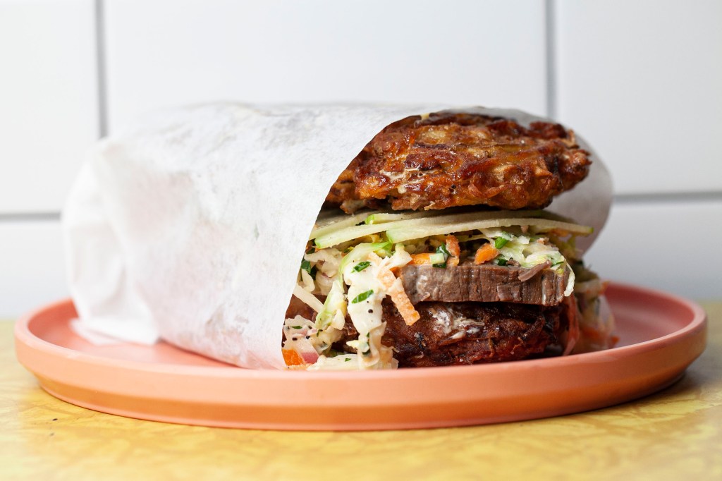 Brisket and Latke Sandwich with Apple and Horseradish Slaw Recipe