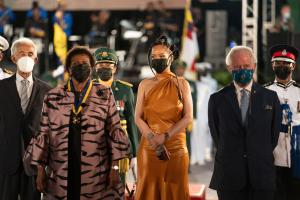 Dame Sandra Mason, Rihanna and Prince Charles at the ceremony where Barbados became the world's newest republic. Photo: PA Images / Alamy Stock Photo​