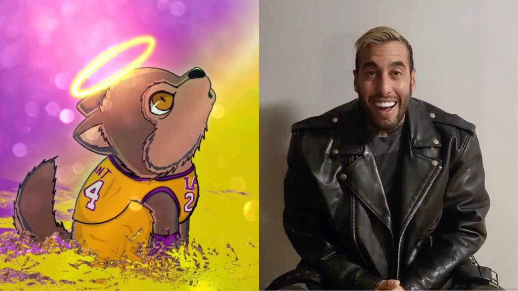 A Freedom Woof made in the form of Kobe Bryant, left, and Chris Saccoccia, an anti-vax influencer, right.