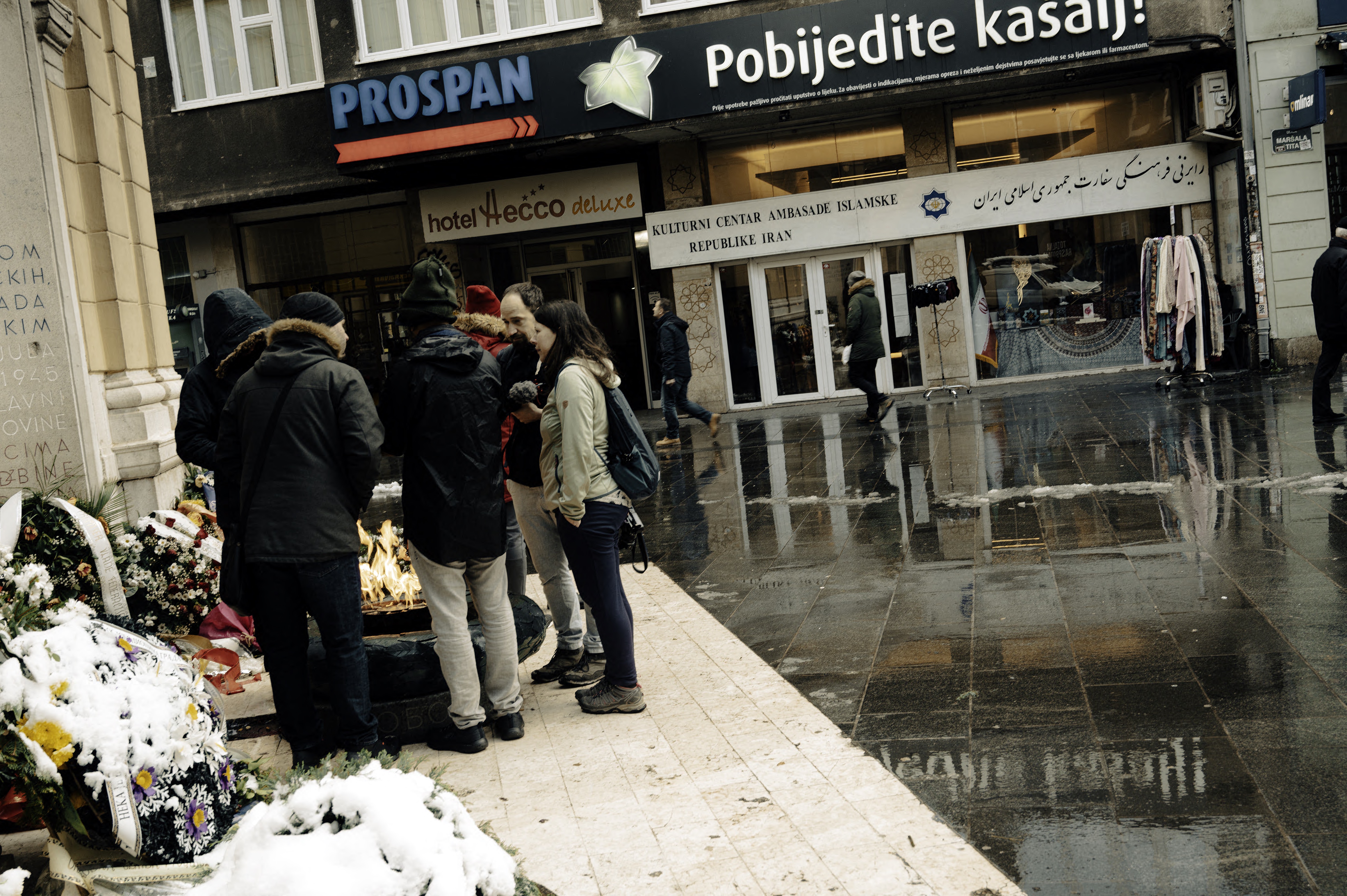 A war memorial in downtown Sarajevo, with an Iranian cultural centre in the background. Photo: Mitchell Prothero