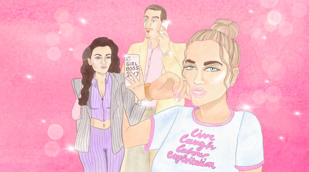 Three zillennial capitalists on a pink background