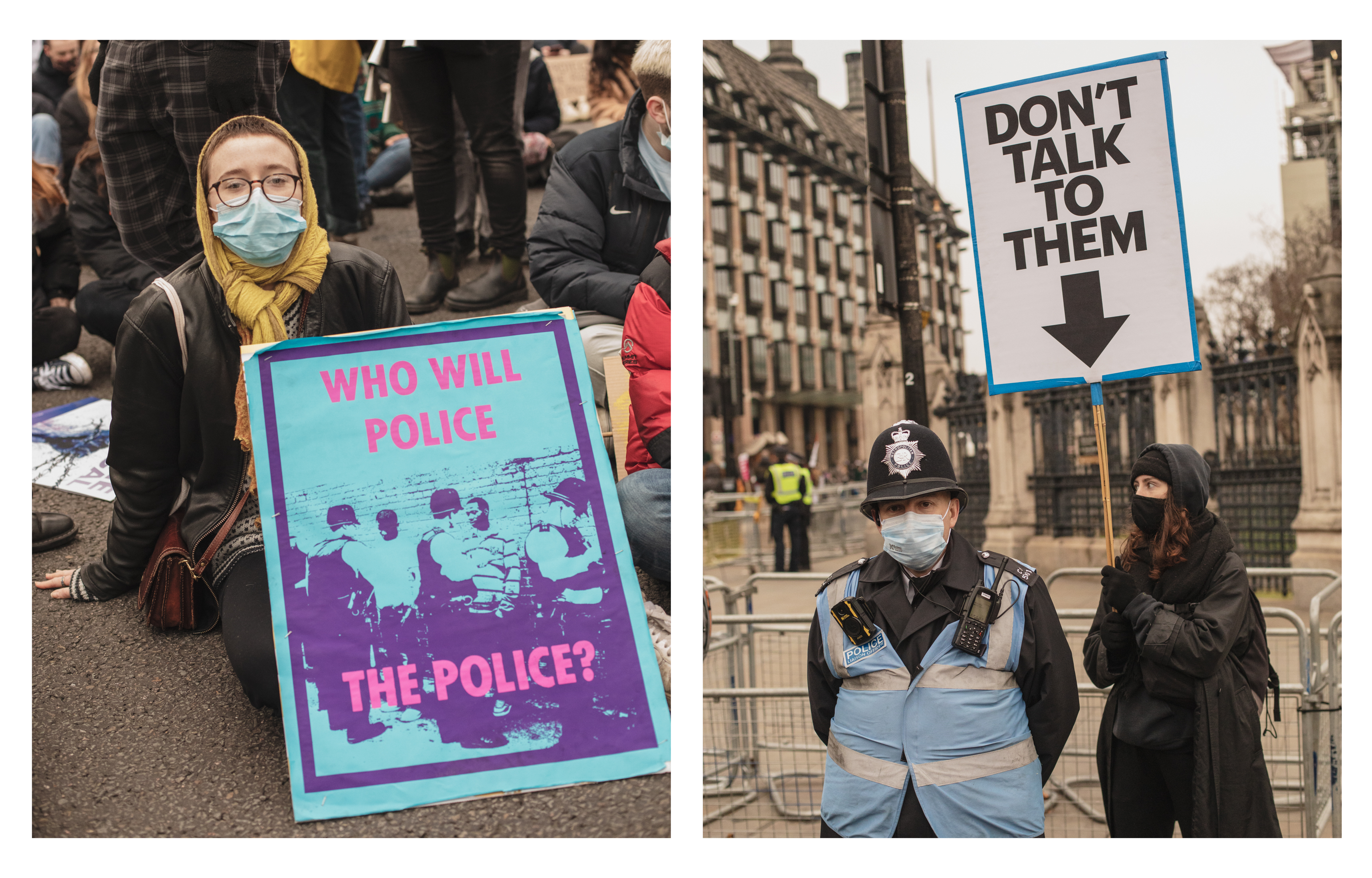A Kill the Bill protester sits on the ground with an anti-police sign; another protester stands next to an officer with one.