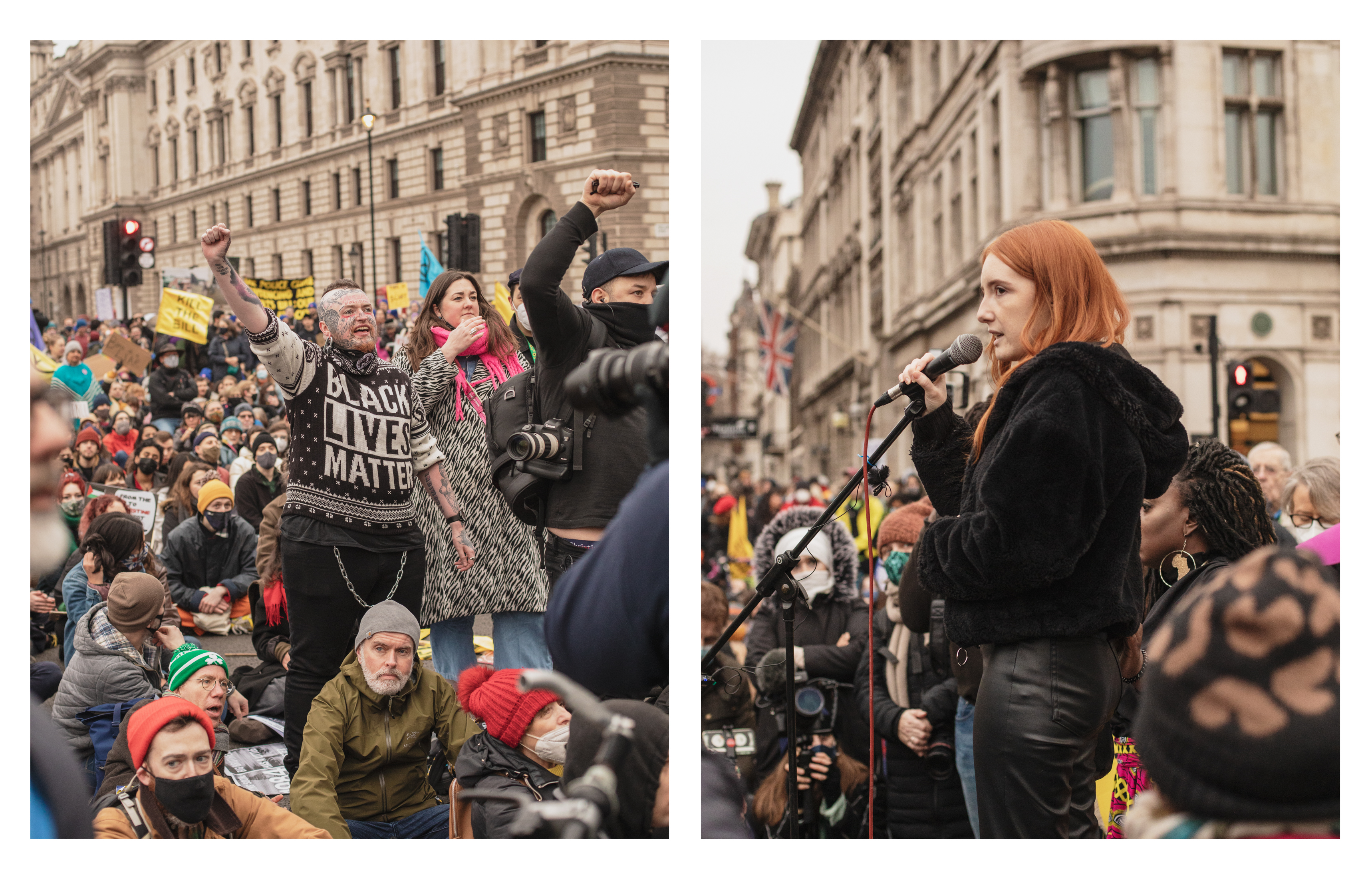 Kill the Bill protesters stand up during the sit-in and Patsy Stevenson speaking at the rally.