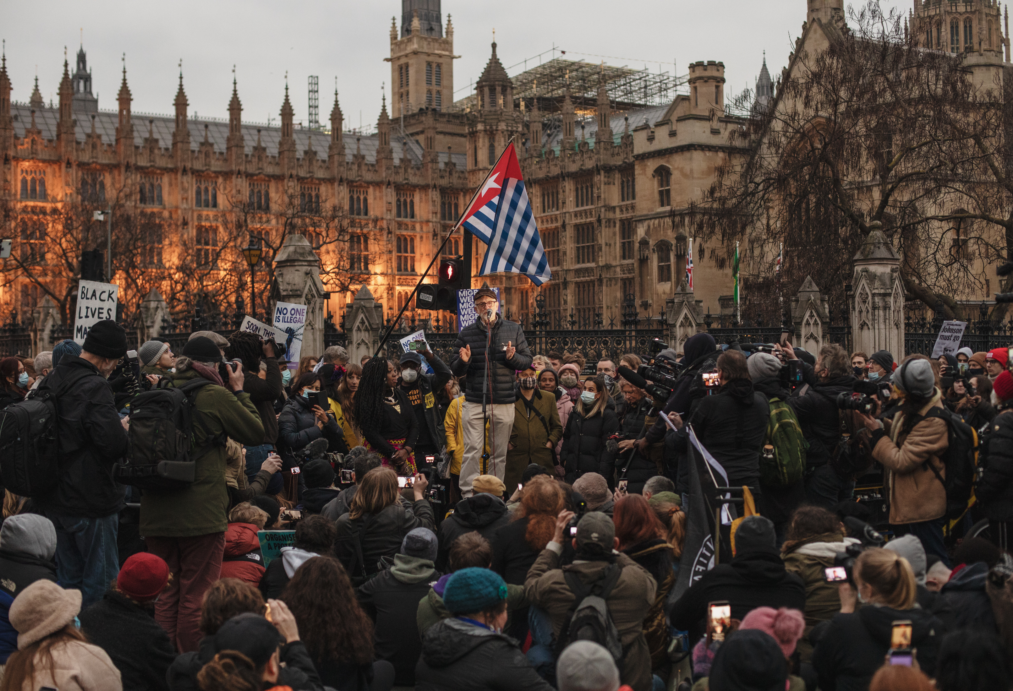 Jeremy Corbyn speaking outside Parliament at the Kill the Bill protest.