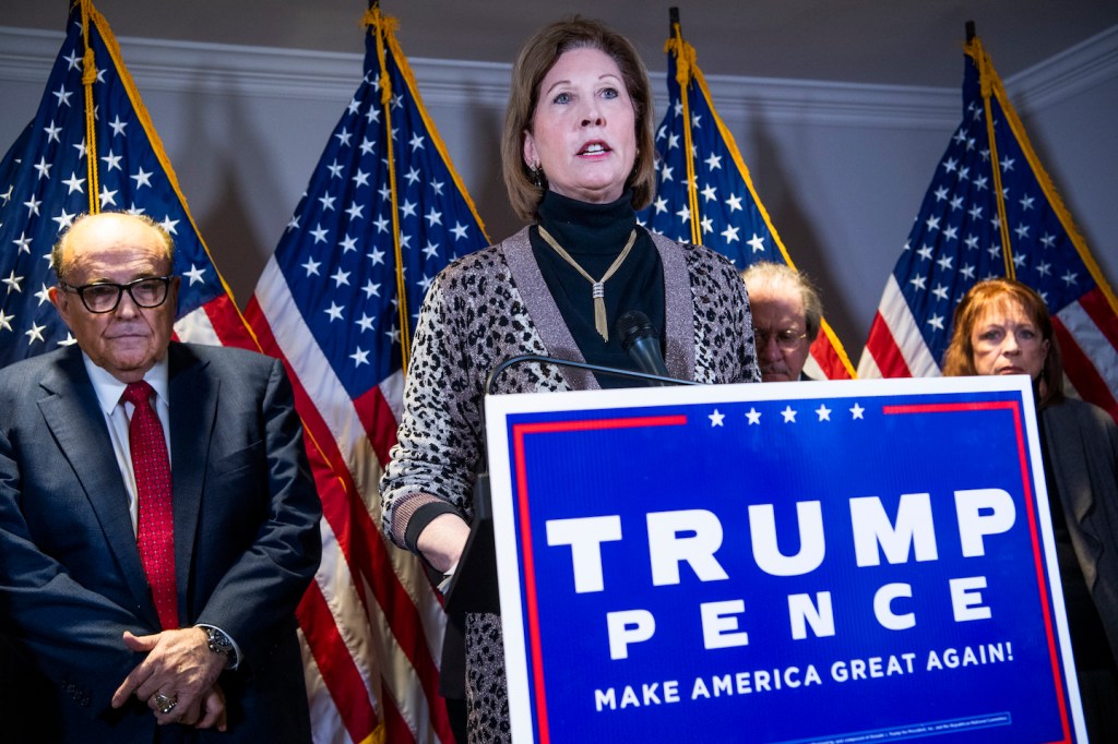 Sidney Powell, attorney for President Donald Trump, conducts a news conference at the Republican National Committee, November 19, 2020. (Tom Williams/CQ-Roll Call, Inc via Getty Images)