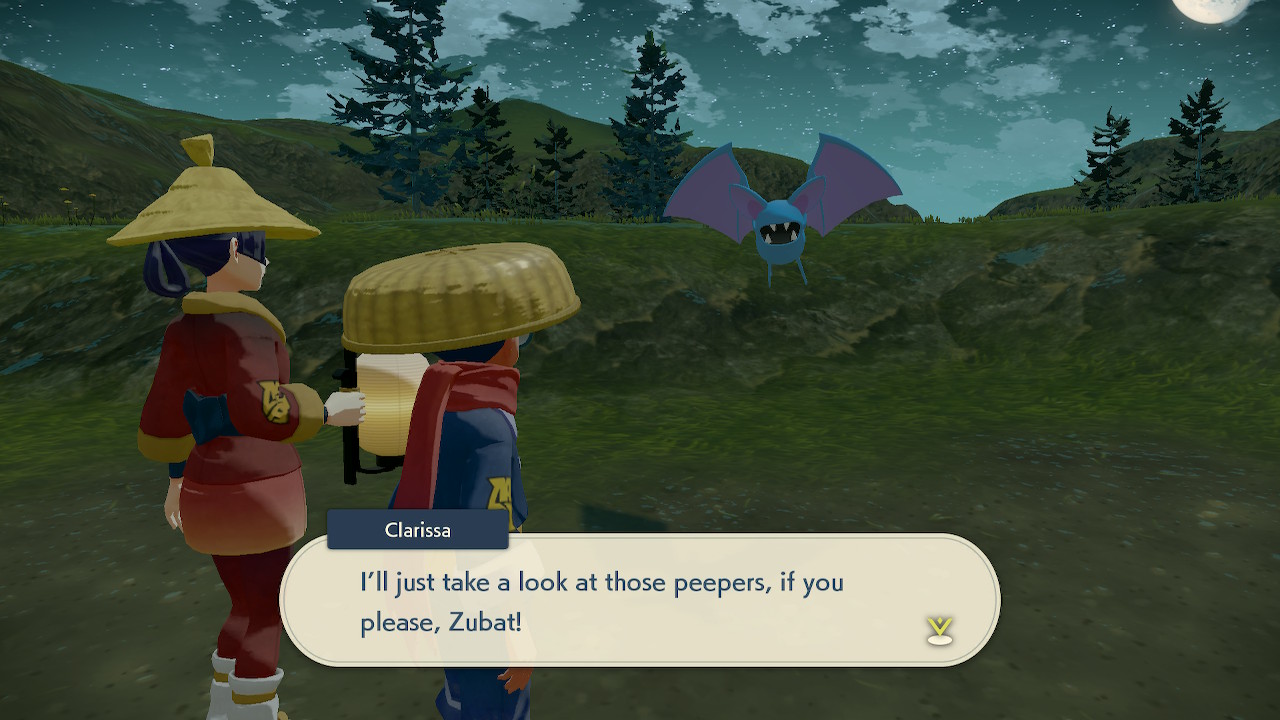 Two people look at a Zubat as one of them says
