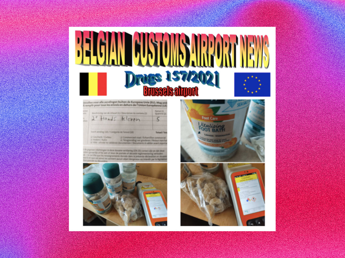 Drugs, Brussels airport – four pictures, mostly of plastic containers meant to be full of foot bath products but filled with brown MDMA crystals instead.