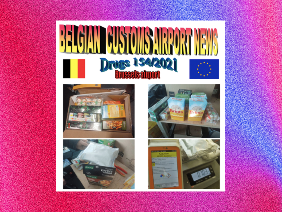 Drugs, Brussels airport – four pictures of a large package containing various dried foods, including porridge and knorr brand meal kits.