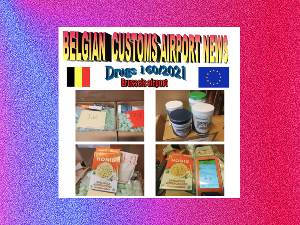Drugs, Brussels airport – a large box containing various dried food, including supplements, soup and honey-flavoured cereal.