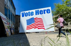 A "Vote Here" sign outside the polling place is setup in Pennsylvania on May 18, 2021.