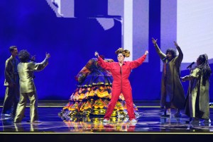 The singer Manizha (Russia) performs with her band and the song "Russian Woman" at the first semi-final of the Eurovision Song Contest (Soeren Stache/picture alliance via Getty Images)
