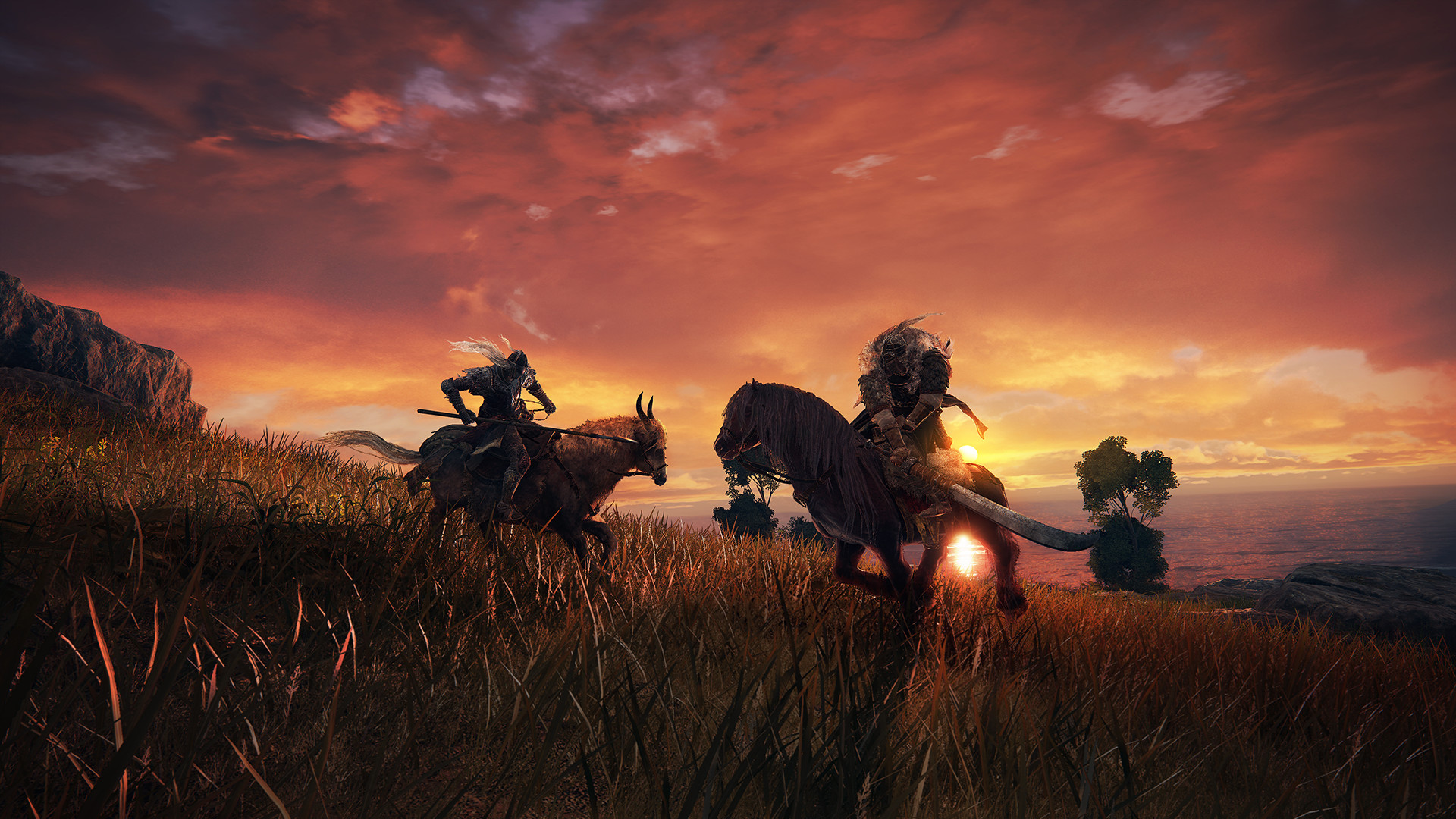 Elden Ring, FromSoftware, gaming - Screenshot from Elden Ring, showing two figures on horseback engaging in combat with sword and spears.