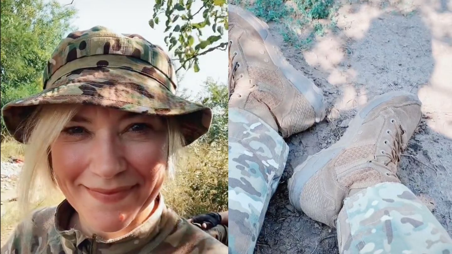 Yevheniia Chekh e luptător de weekend, o persoană care are job de civil, dar e antrenată să ajute armata împotriva invadatorilor ruși. Colaj: VICE. Imagini: Yevheniia Chekh.