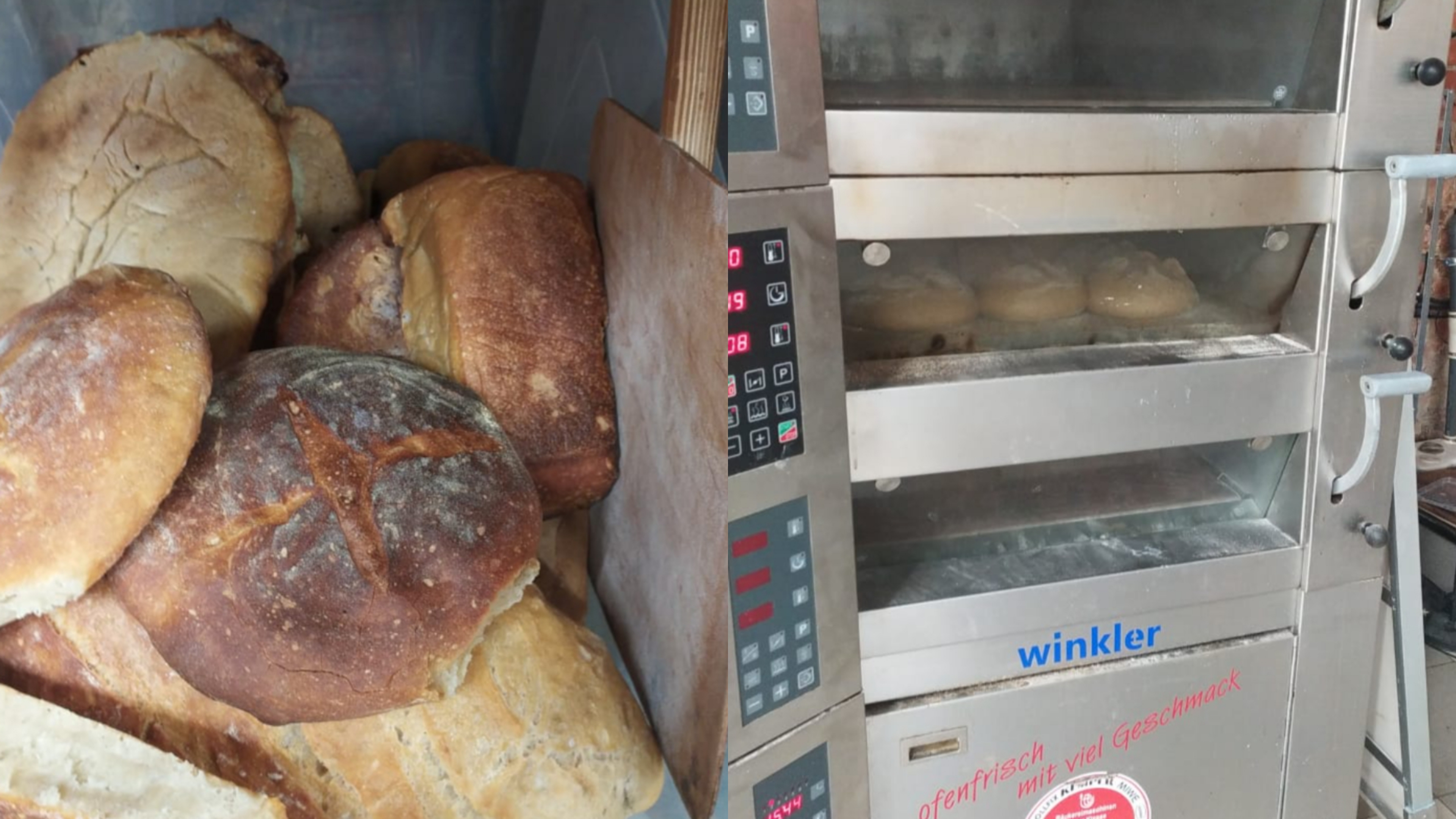 Ukraine, Kharkiv, baking - Photograph of loaves of bread next to a silver bread-making machine.