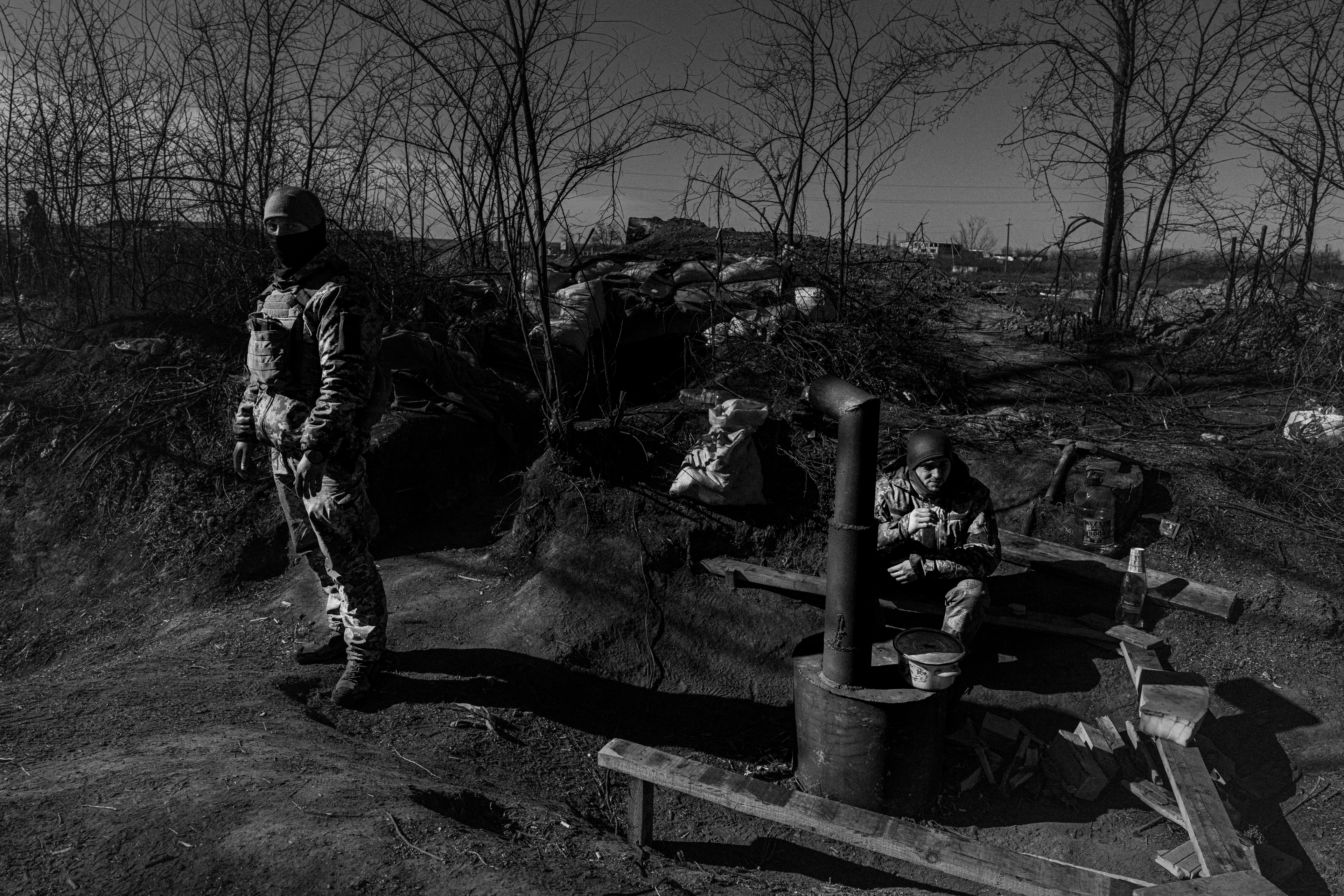 Ukrainian troops in the trenches.