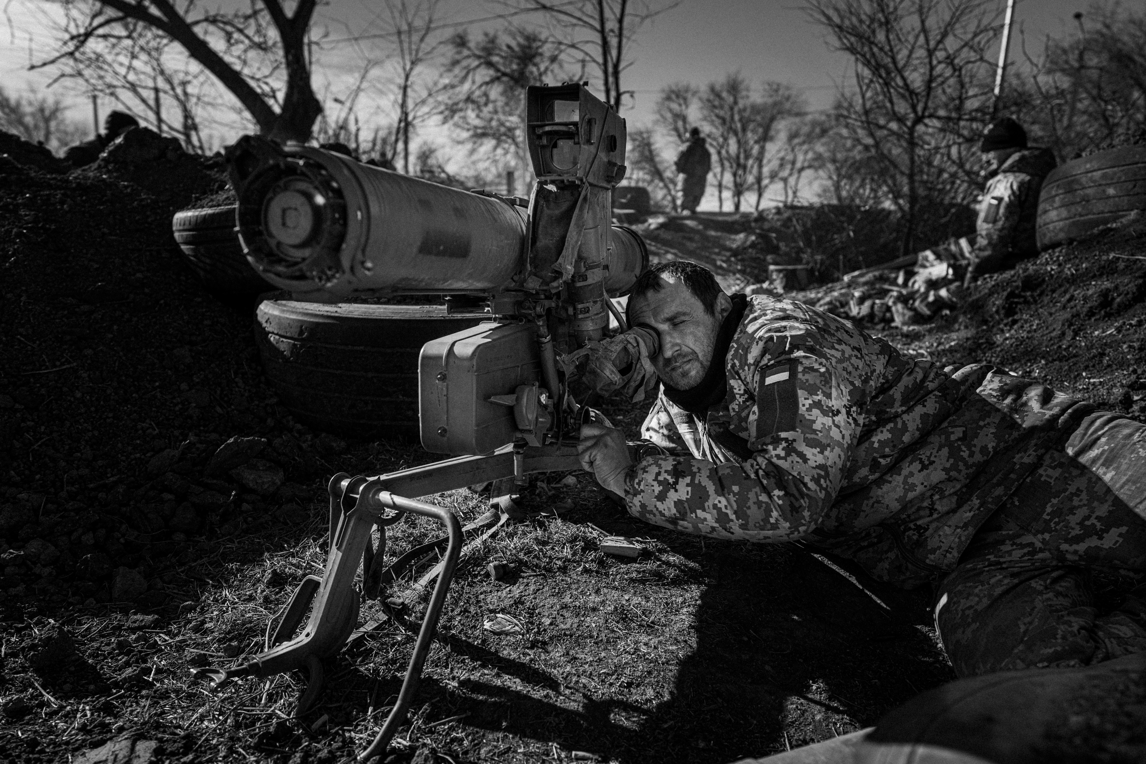 A Ukrainian soldier at his combat post.