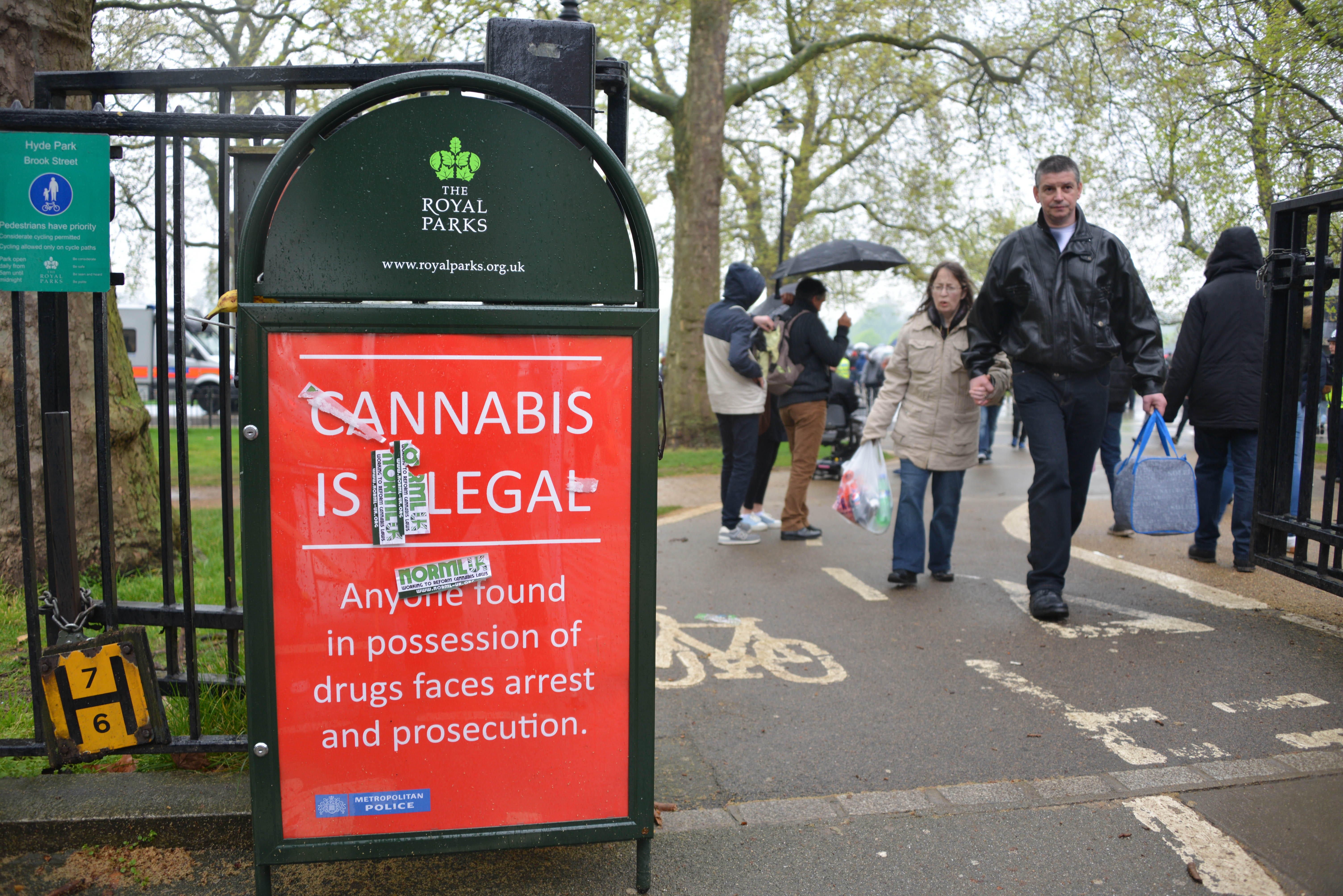 A sign in Hyde Park, London on 4/20 day warning that cannabis is illegal