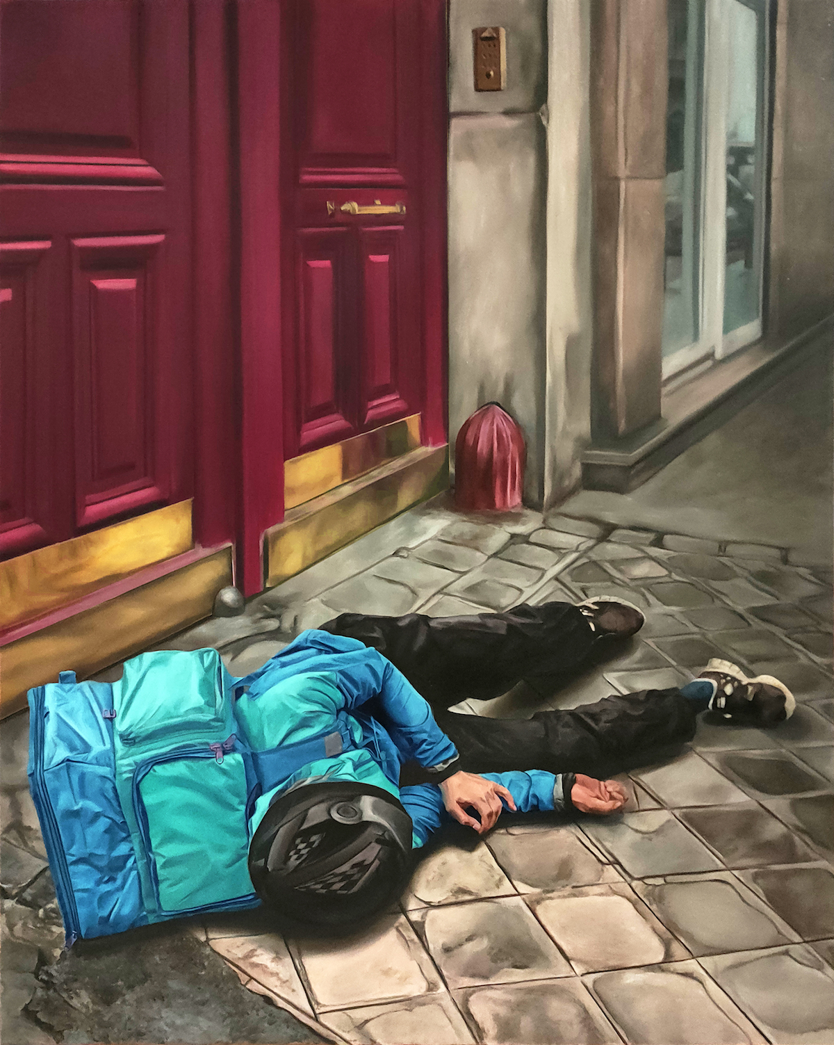 „The fall of the delivery boy”, 2020, ulei pe pânză, 100x80 cm (Arnaud Adami)