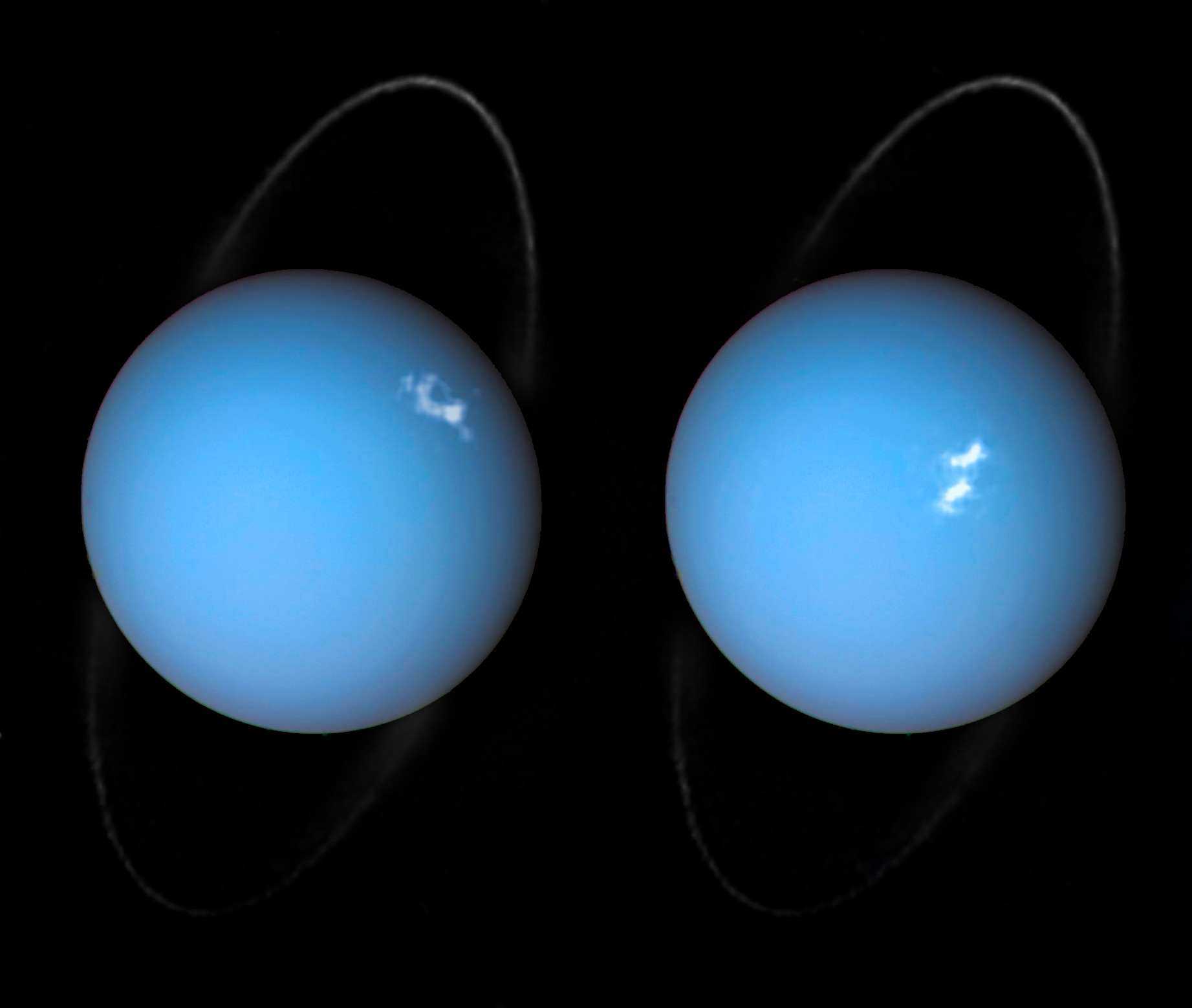 ESA, Hubble Space Telescope, astronomy - Image of two light blue spheres hanging in the black darkness of space.