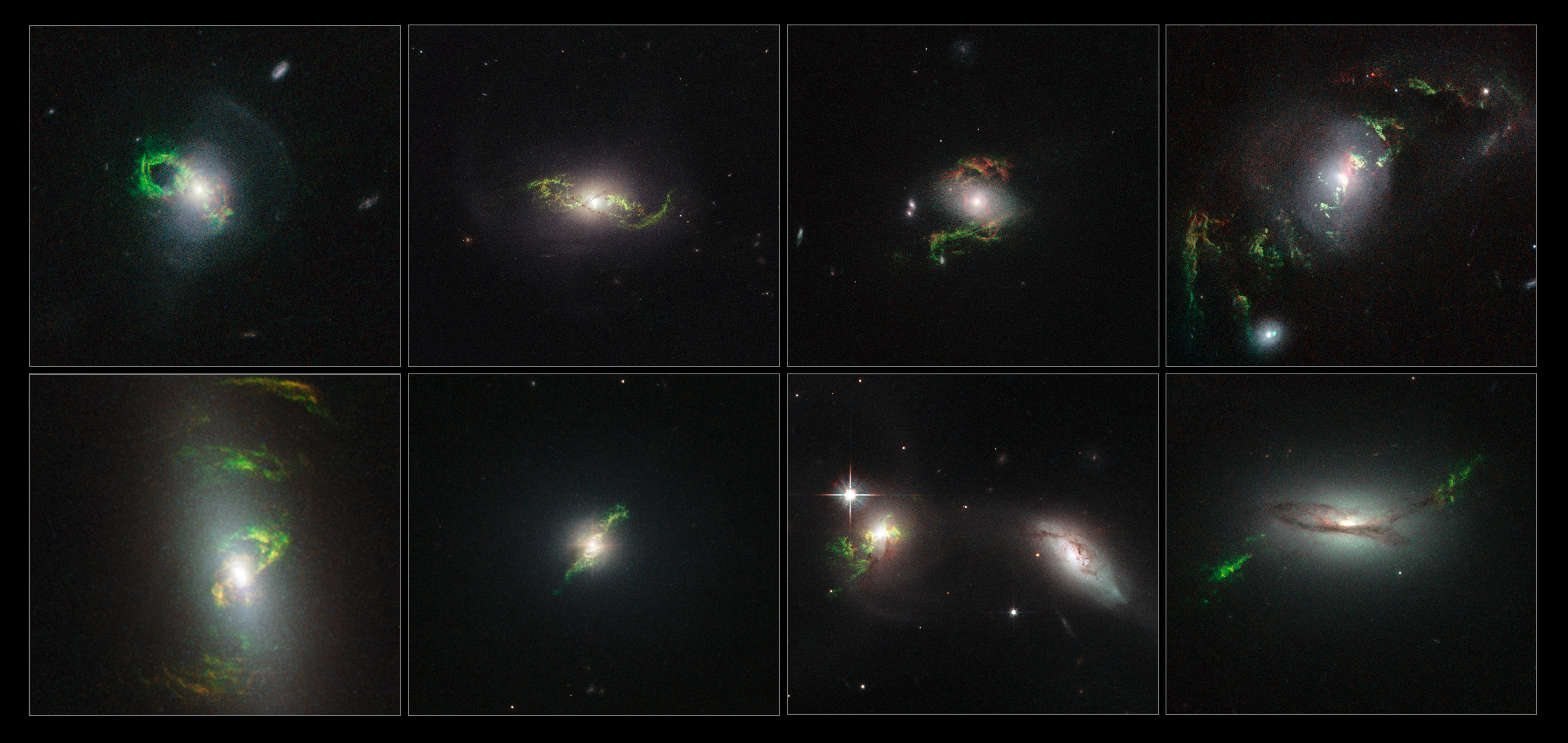 ESA, Hubble Space Telescope, astronomy - Images of voorwerps, comprised of green and orange lights clustered around bright white light on a black background.