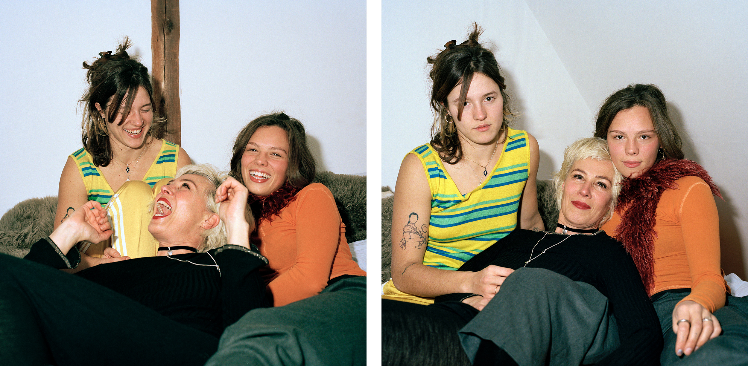 Mother-daughter relationship - left: Bettina (platinum blond hair and red lipstick) laughing with her daughters (mid-length hair, colourful clothes). Right: the three of them posing together.