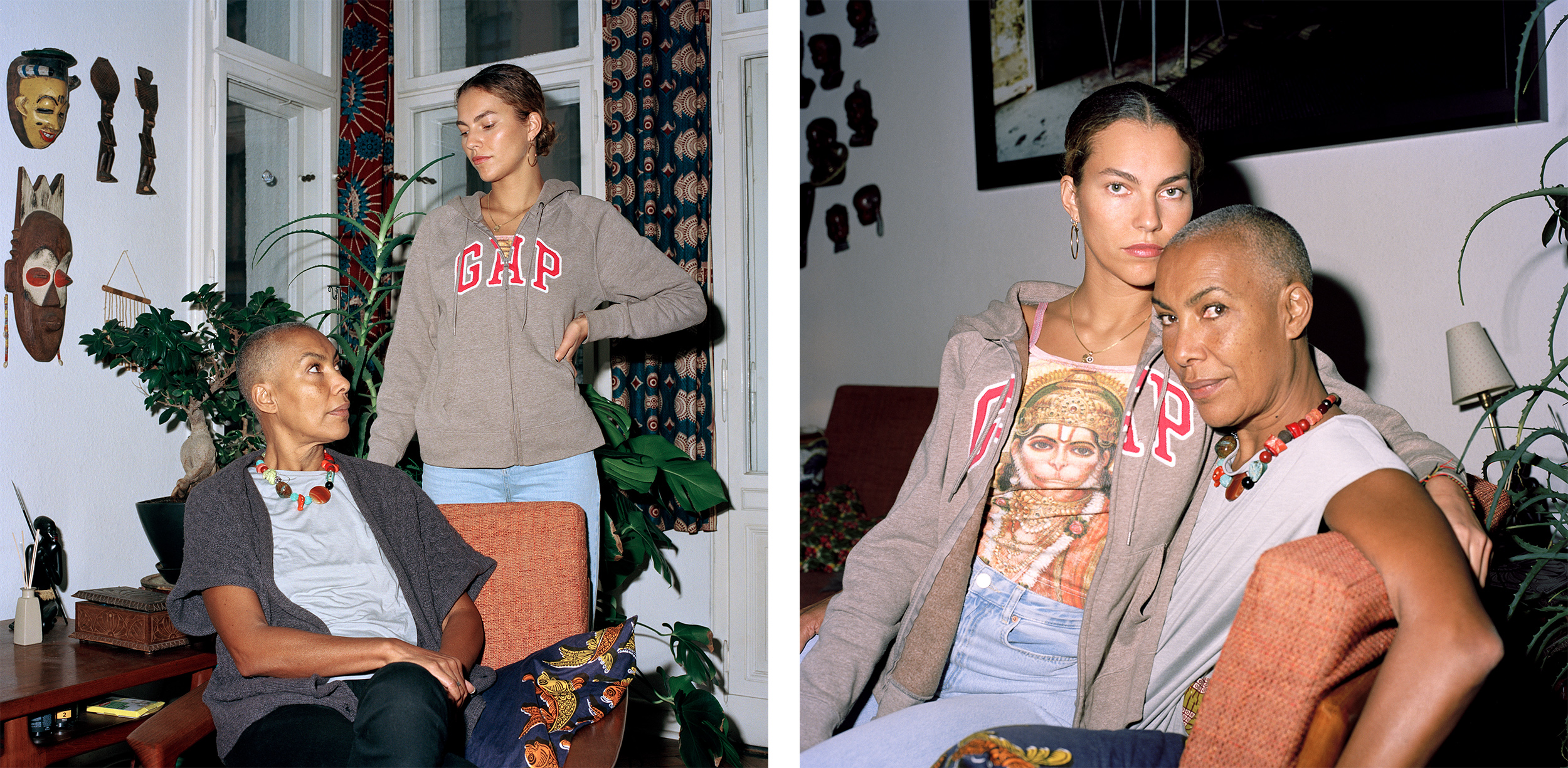 Mother-daughter relationship - Left: Pascale (shaved head, wearing lose-fitting clothes and a statement necklace) sitting in her living room with Kaya (tall and lean, wearing jeans and a sweatshirt) standing behind her. Right: Kaya sitting in Pascale's lap, both looking sternly at camera.