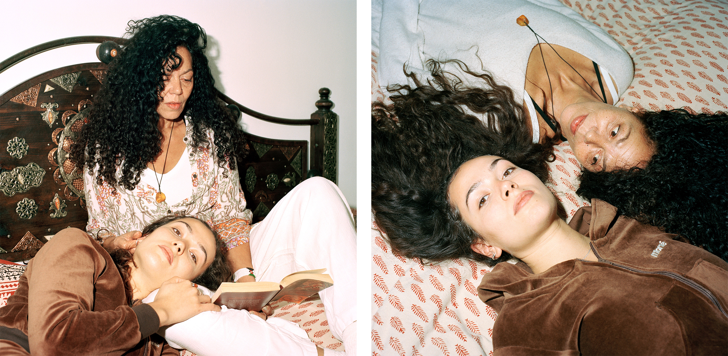 Mother-daughter relationship - left: Dakota lying on the bed, her head in her mum's lap as she's reading a book. Right: Dakota and Annette with their heads next to each other. The women look very alike, both with long black curly hair and in loungewear.